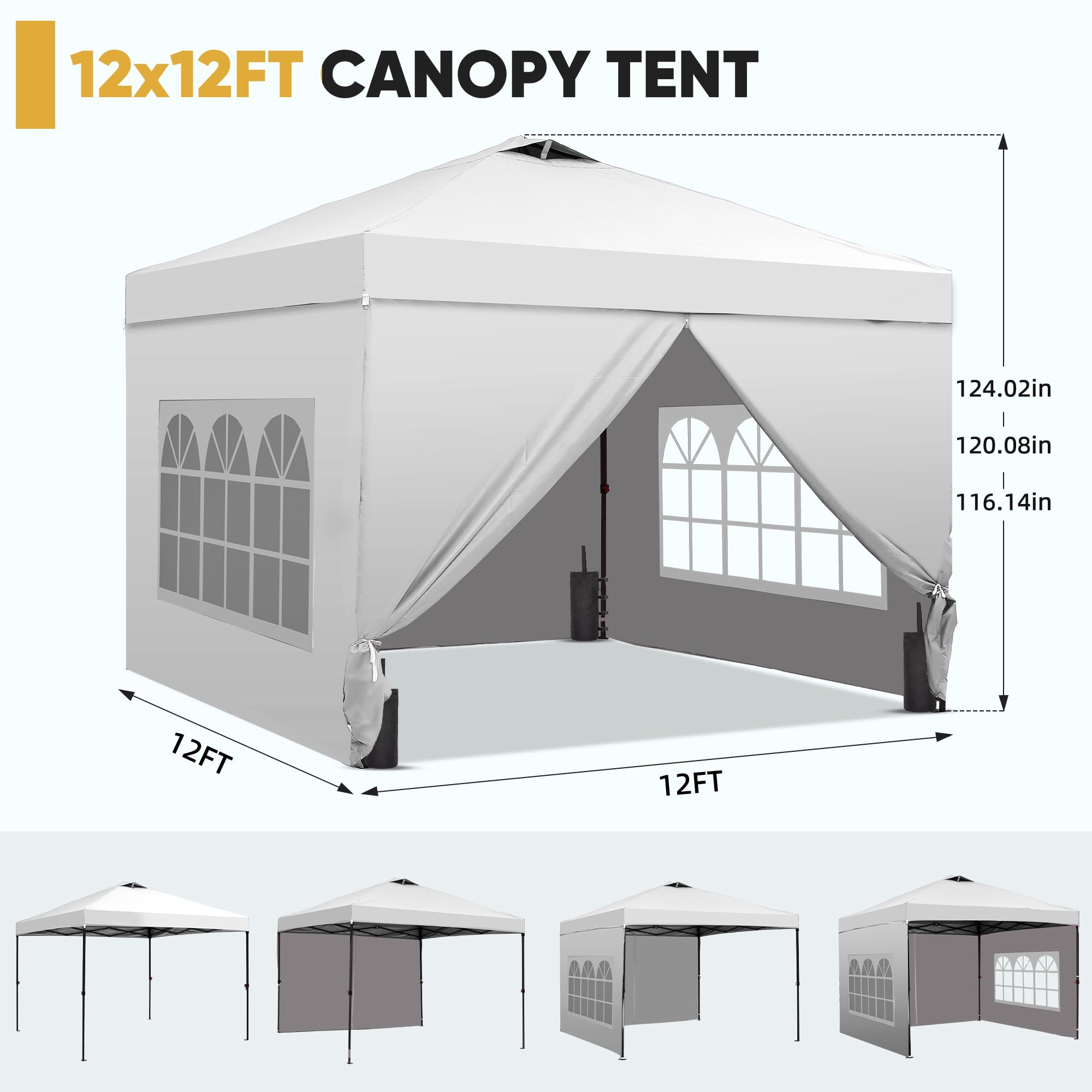 12x12 Pop Up Canopy Tent with 4 Sidewalls, Easy Set up with One Push Lift Gazebo with Wheel Bag and4 Sandbags,Carpas for Events, Parties,Camping, White.