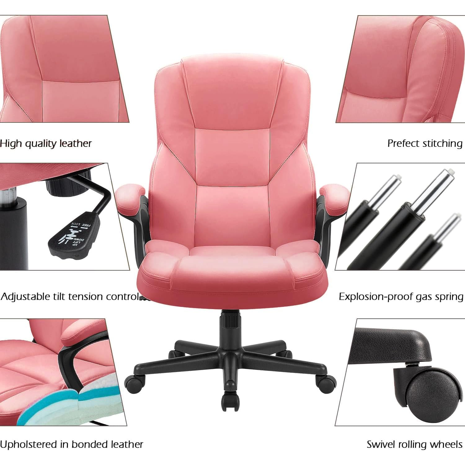 Office Executive Chair High Back Adjustable Managerial Home Desk Chair, Swivel Computer PU Leather Chair with Lumbar Support (2, Pink)