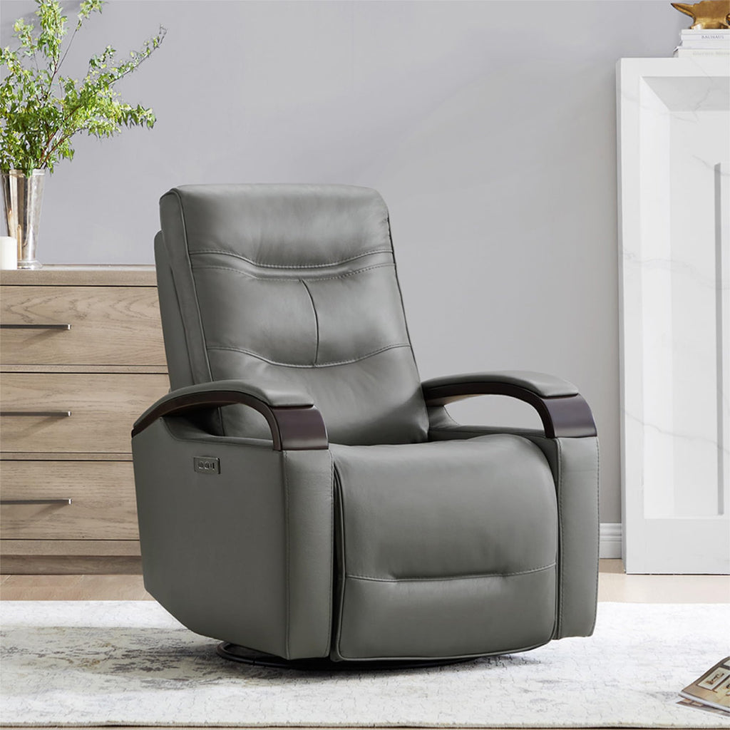 Genuine Leather Power Swivel Glider Rocker Recliner, FSC Certified Mid Century Modern Recliner Chair for Adults, Adjustable Power Headrest, for Nursery and Living Room, Haze
