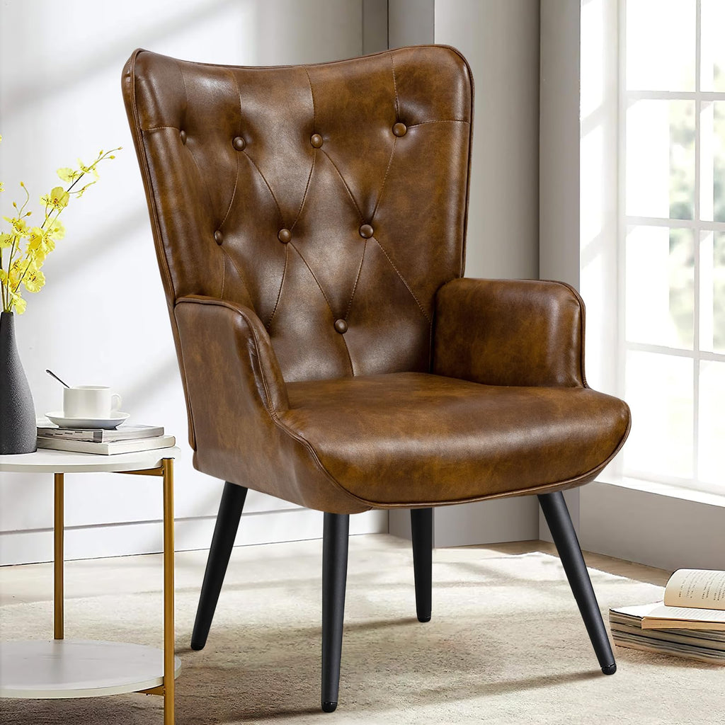 PU Leather Accent Chair for Living Room, Upholstered Reading Chair with High Backrest, Tufted-Button Wingback Armchair for Bedroom, Dressing Room, Home Office, Brown