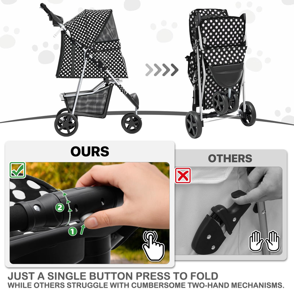 3 Wheels Pet Dog Cat Stroller for Small Medium Dogs Cats, Foldable Jogger Stroller w/Storage Basket and Cup Holder, Black Polka Dots