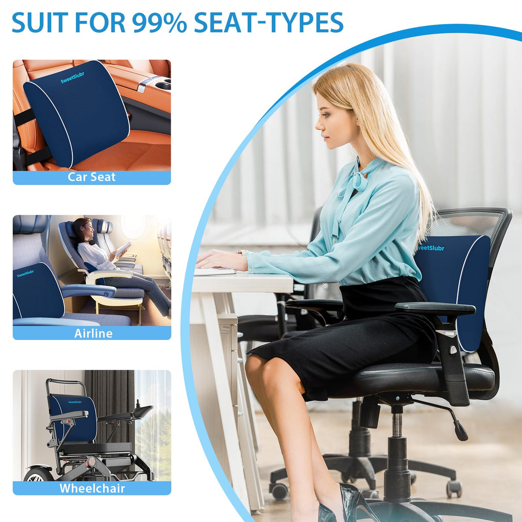 Lumbar Support Pillow for Office Chair, Car Seats and Home Desks, Ergonomic Back Support with Double Adjustable Straps, Machine Washable Cover, Blue