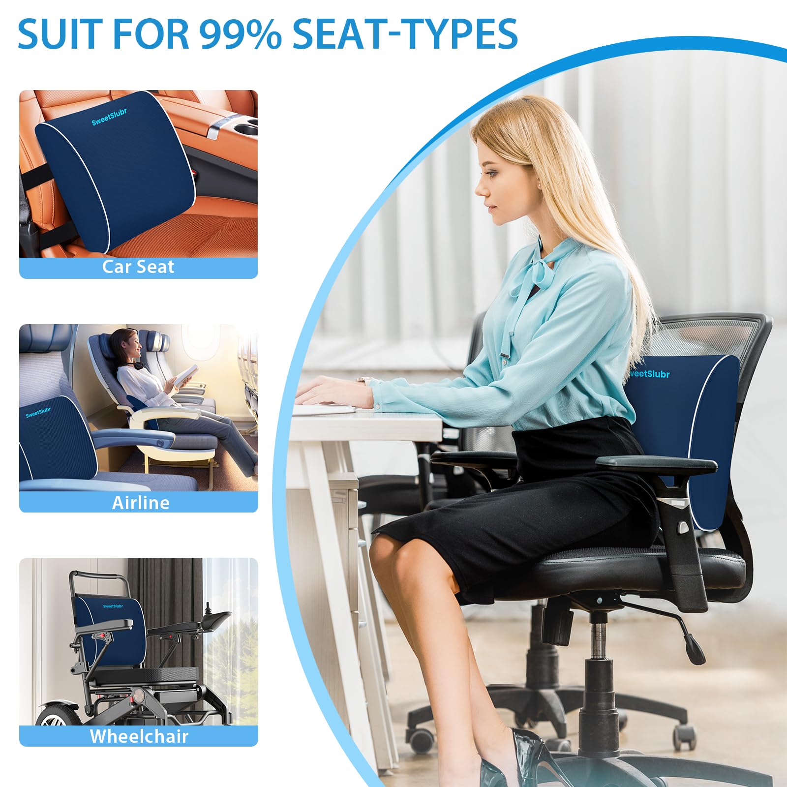 Lumbar Support Pillow for Office Chair, Car Seats and Home Desks, Ergonomic Back Support with Double Adjustable Straps, Machine Washable Cover, Blue