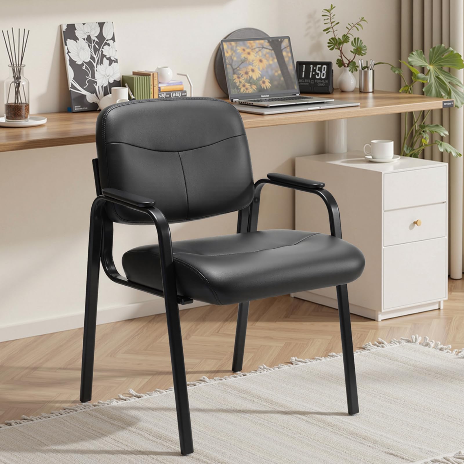Office Waiting Room Chairs Set of 1, Leather Desk Reception Guest Stationary Side Chair with Padded Arms for Home Conference Meeting Lobby Area Medical Clinic Church