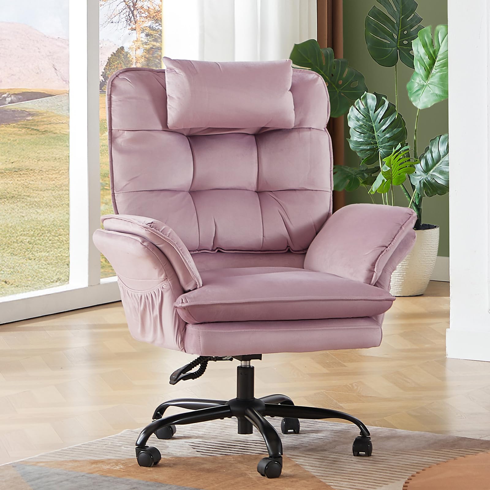 Criss Cross Chair with Flip-Up Armrests and Headrest, 135° Reclining Swivel Executive Chair with Side Pockets, Big and Tall Computer Desk Chair for Home Office Bedroom, Pink Velvet
