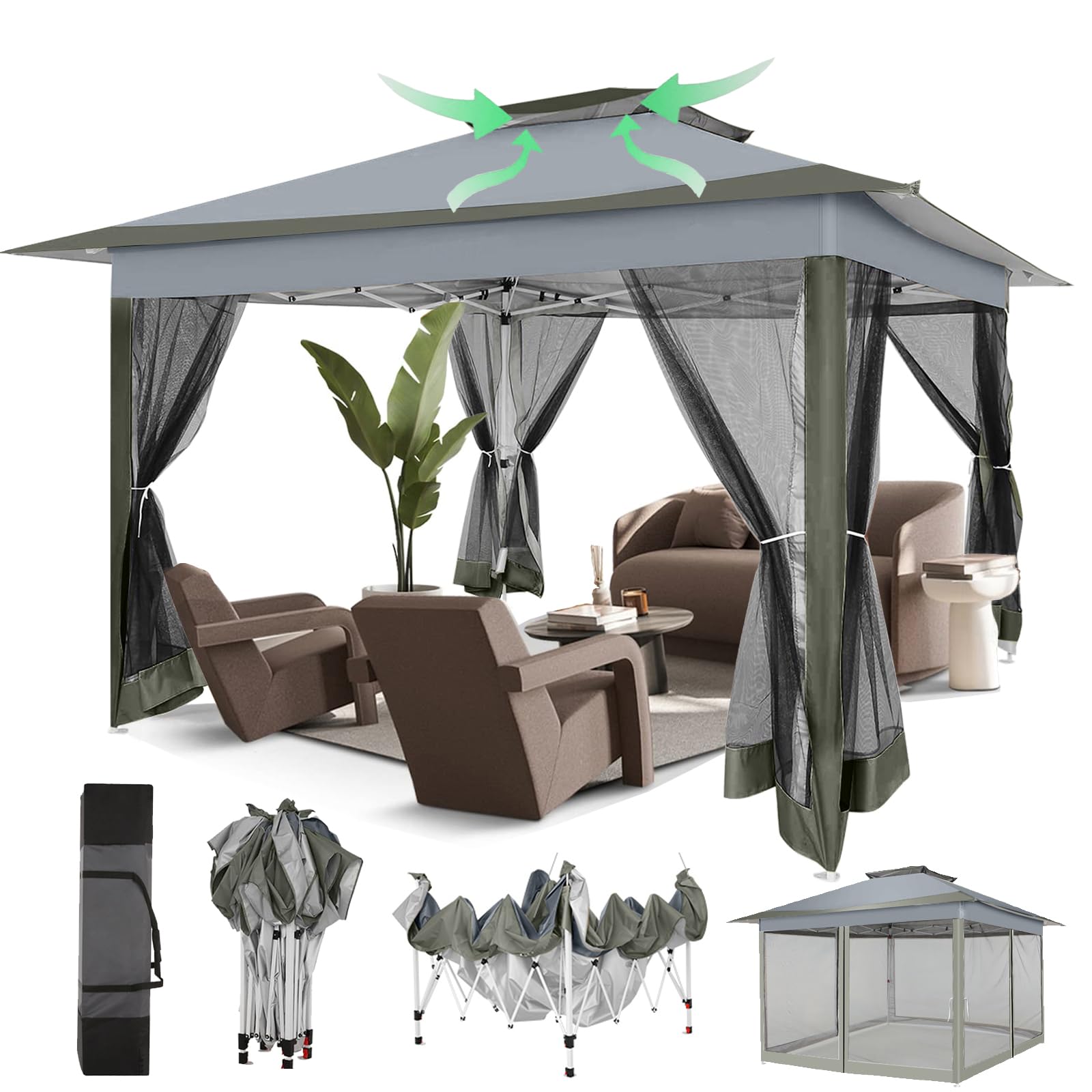 12x12 Pop Up Gazebos On Clearance - Upgrade Easy Up Metal Outdoor Gazebo Waterproof - Portable Gazebo with Mosquito Nettings, 4 Ropes 8 Stakes and Carry Bag for Patio Garden(Dark Gray)