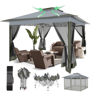 12x12 Pop Up Gazebos On Clearance - Upgrade Easy Up Metal Outdoor Gazebo Waterproof - Portable Gazebo with Mosquito Nettings, 4 Ropes 8 Stakes and Carry Bag for Patio Garden(Dark Gray)