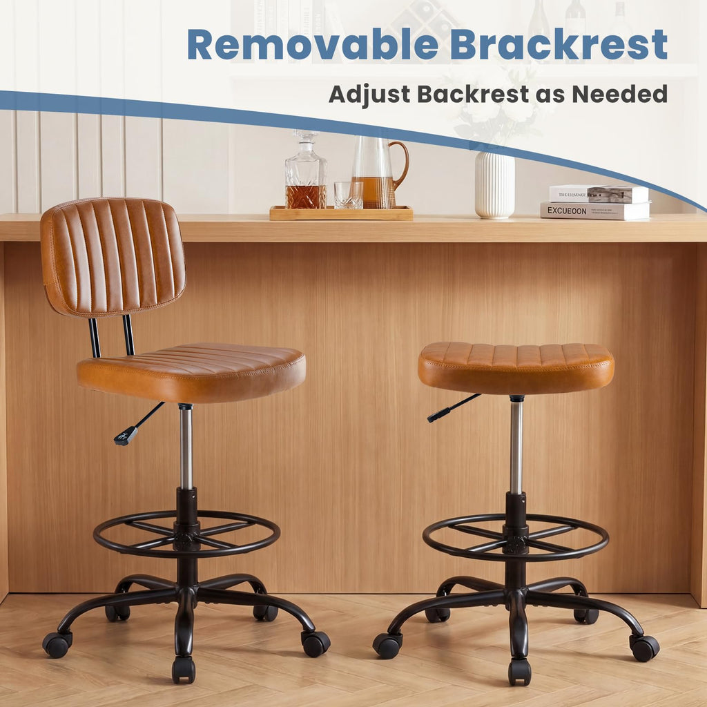 Armless Drafting Chair, Low Back Office Seat with Adjustable Footrest Ring for Standing Desk, Ergonomic PU Leather Office Seating, Swivel Rolling High Stool for Studio, Lab, Counter, Brown