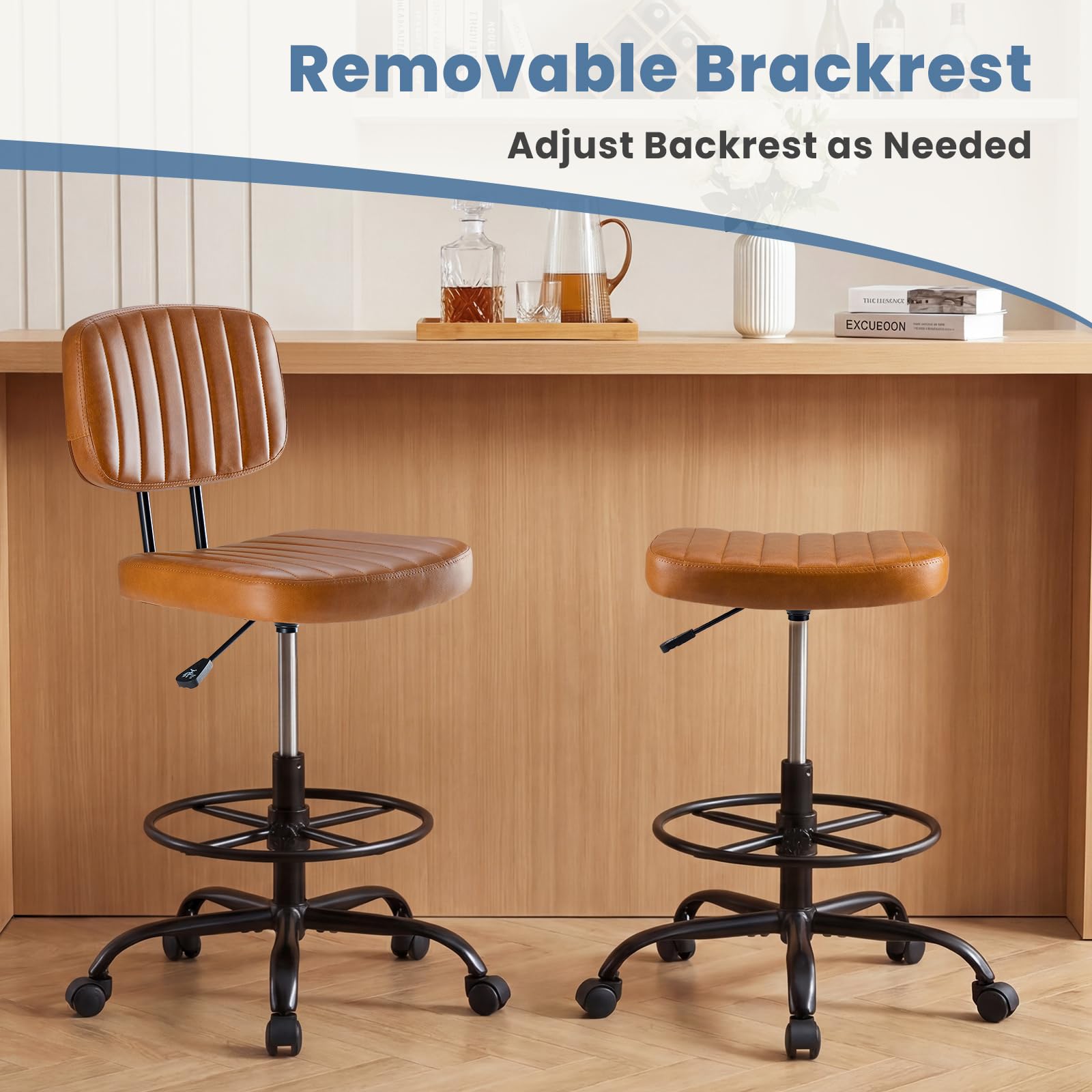 Armless Drafting Chair, Low Back Office Seat with Adjustable Footrest Ring for Standing Desk, Ergonomic PU Leather Office Seating, Swivel Rolling High Stool for Studio, Lab, Counter, Brown