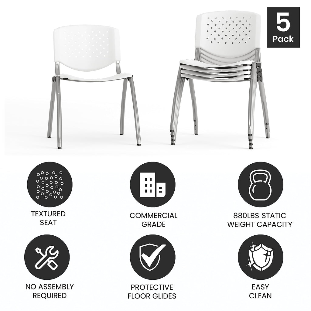 HERCULES -5 Pack 880 lb. Capacity White Plastic Stack Chair | Comfortable Seating with Durable Design