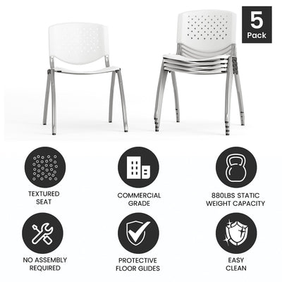 HERCULES -5 Pack 880 lb. Capacity White Plastic Stack Chair | Comfortable Seating with Durable Design