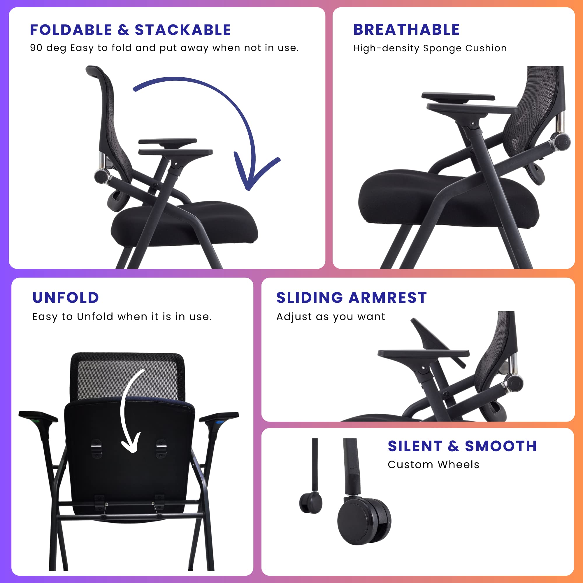 2 Pack Stackable & Foldable Conference Room Chairs with Lumbar Support, Armrest - Ergonomic Mesh Bouncing Back for Office Meeting, Conference, Reception and Training Room Chair