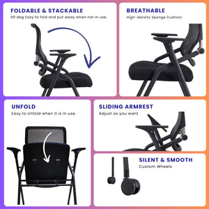 2 Pack Stackable & Foldable Conference Room Chairs with Lumbar Support, Armrest - Ergonomic Mesh Bouncing Back for Office Meeting, Conference, Reception and Training Room Chair