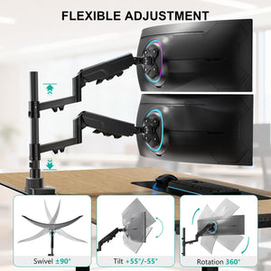 Vertical Dual Monitor Mount for 17-49 inch Ultrawides Curved Screens, Heavy Duty Stacked Dual Monitor Stand for Desk, Adjustable Ultrawide Monitor Arm up to 33lbs, VESA Mount 75/100mm, Black
