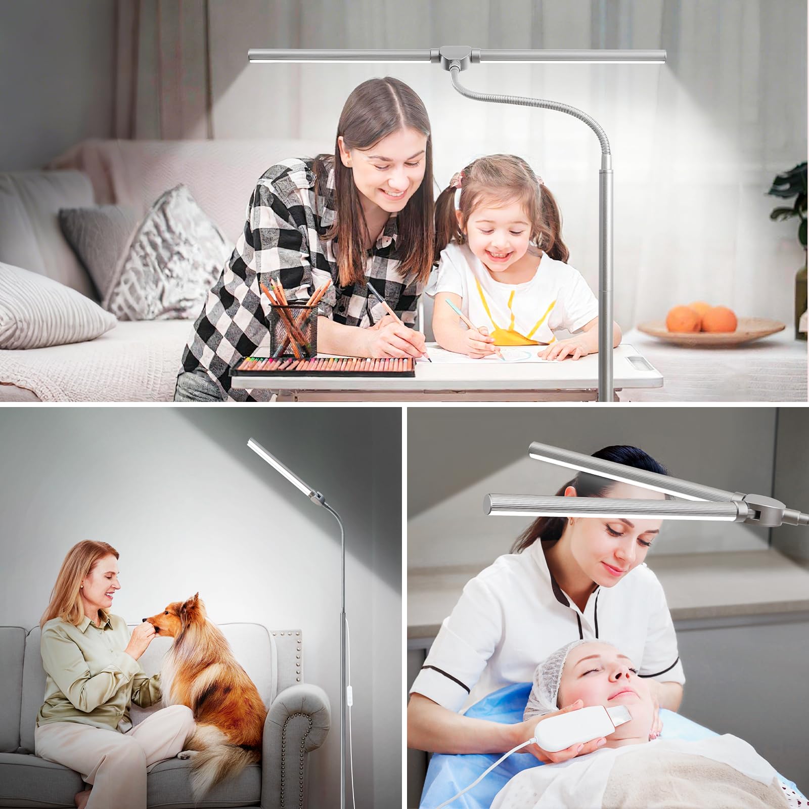 Bright Floor Lamp, 18W/2000LM Silver LED Floor Lamp with Double Head, Adjustable Gooseneck Dimmable Craft Light for Sewing Tatoo Puzzle，Eye Caring Reading Lamps for Living Room Bedroom Office