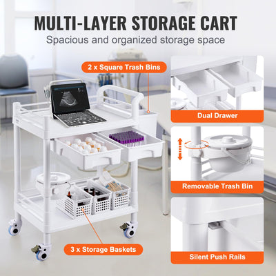 Medical Mobile Trolley Cart with 2 Drawers & 3 Trash Cans, 2 Tiers Beauty Salon Rolling Trolley with 4 Silent Wheels & 2 Dirts Bucket & Bowl, Medical Utility Cart for Hospital Dental Clinic Lab