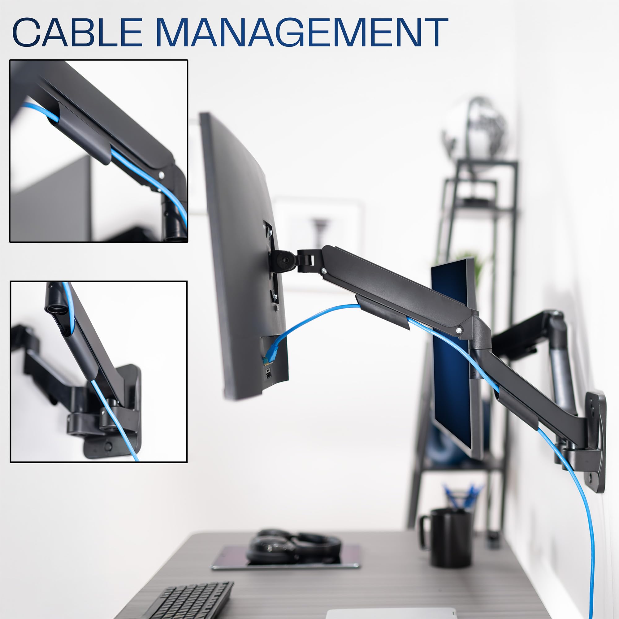 Height Adjustable Pneumatic Extended Arm Dual Monitor Wall Mount Full Motion Articulating, Fits 2 Screens 17 to 27 inches, Black, MOUNT-V002G