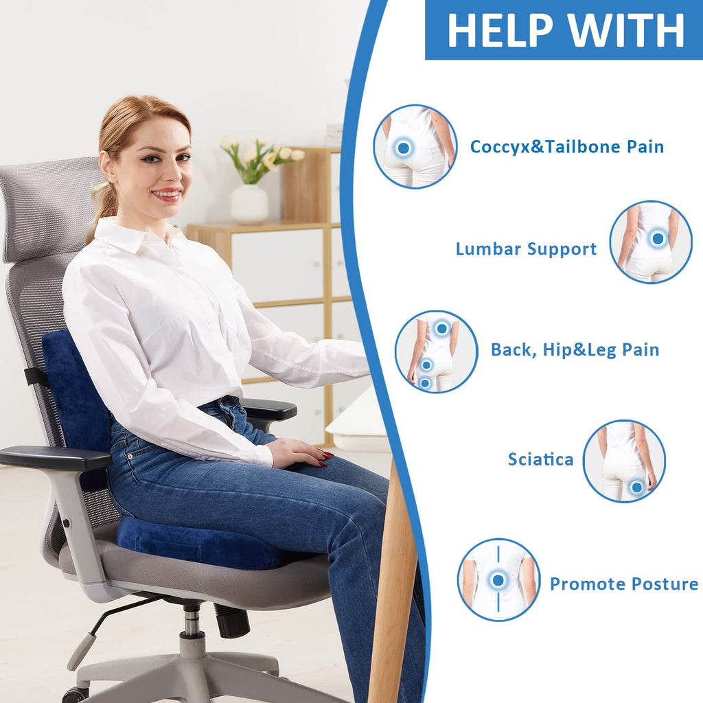 Chair Cushion and Lumbar Support Pillow for Office Chair, Car Seat Cushions Back Support Pillows, Memory Foam Chair Support for Back&Lumbar, Relieve Tailbone Pain and Sciatica (Blue)