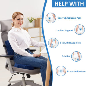 Chair Cushion and Lumbar Support Pillow for Office Chair, Car Seat Cushions Back Support Pillows, Memory Foam Chair Support for Back&Lumbar, Relieve Tailbone Pain and Sciatica (Blue)
