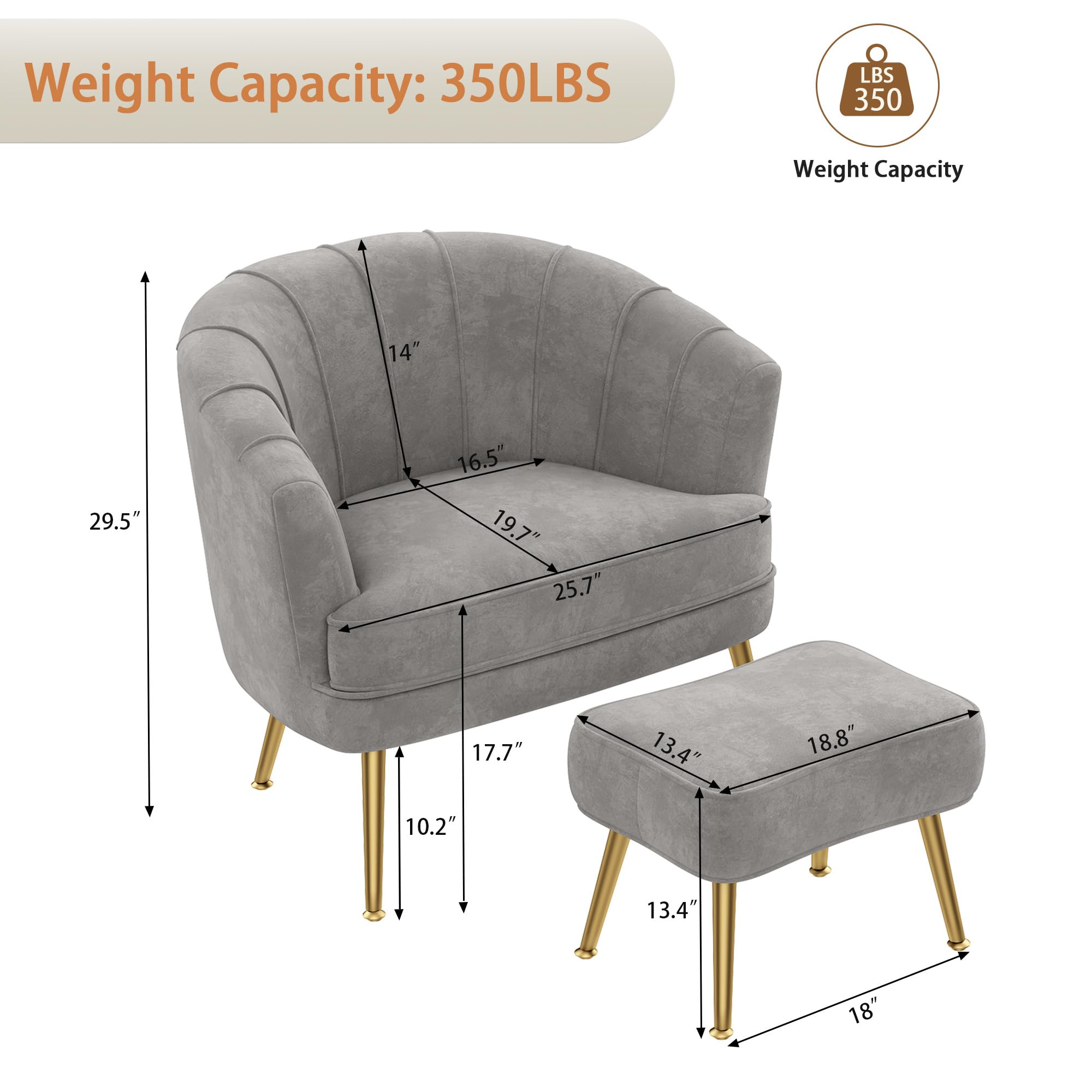 Velvet Accent Chair with Ottoman, Upholstered Modern Single Sofa Side Chair,Comfy Barrel Club Living Room Armchair with Golden Metal Legs for Bedroom Living Reading Room Office, Grey