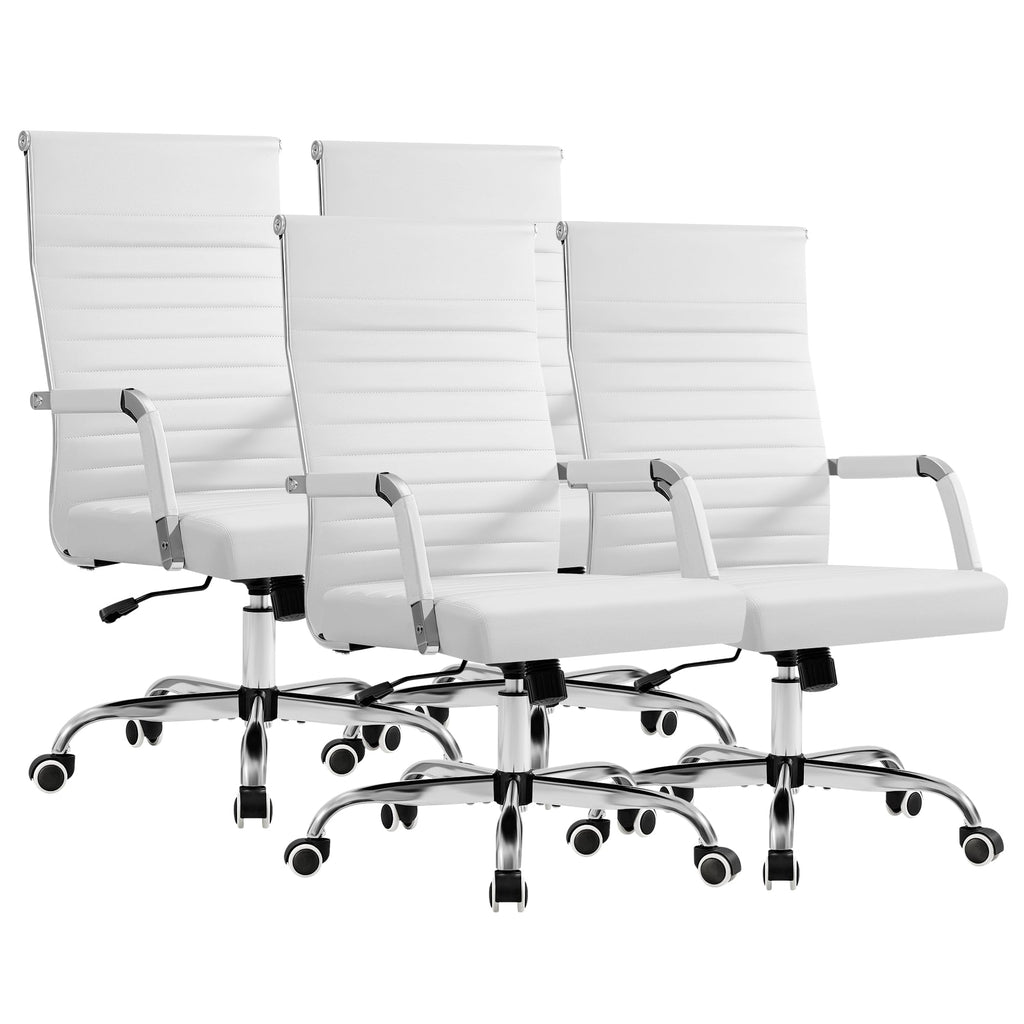 (4 pcs, White) Ergonomic Office Desk Chair, Executive Ribbed Mid-Back PU Leather Conference Room Chair Adjustable Swivel Chair with Arms