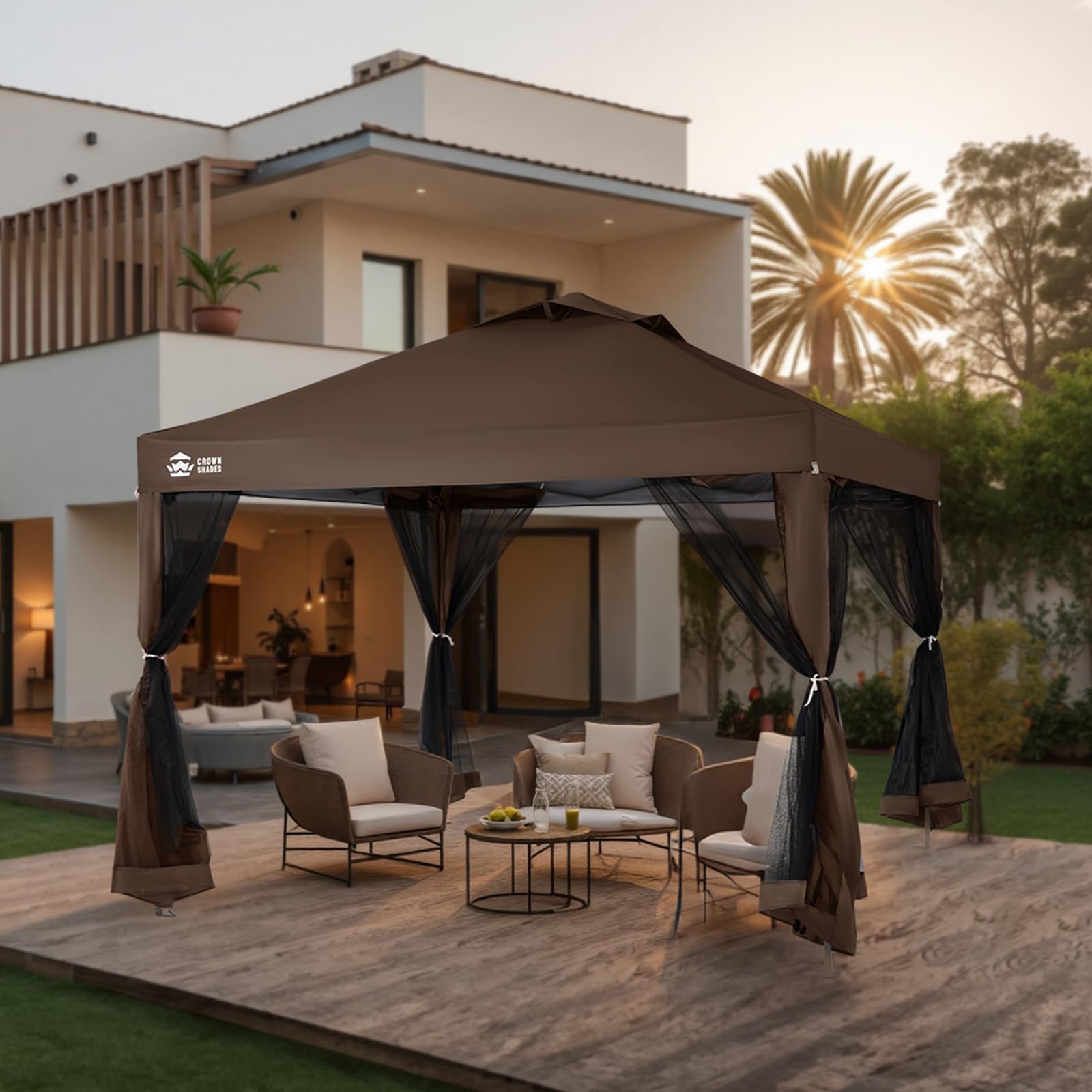 Gazebo 10x10, Pop Up Gazebo with Mosquito Netting, Screen Tent with 4 Ropes, 8 Stakes, 4 Sandbags and Wheeled Storage Bag, Canopy for Patio & Backyard, Coffee