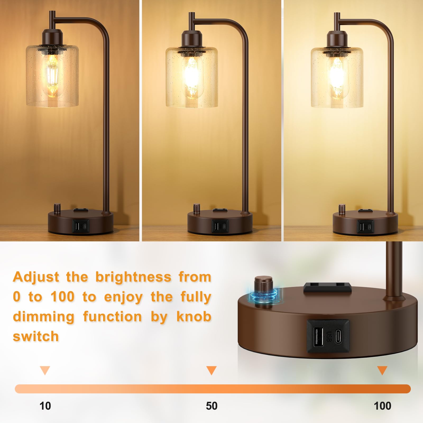 Industrial Table Lamps for Bedrooms Set of 2 - Fully Dimmable Bedside Lamps with USB Ports and Outlet, Brown Nightstand Lamps with Glass Shade for Living Room, Desk Lamps for Office Reading