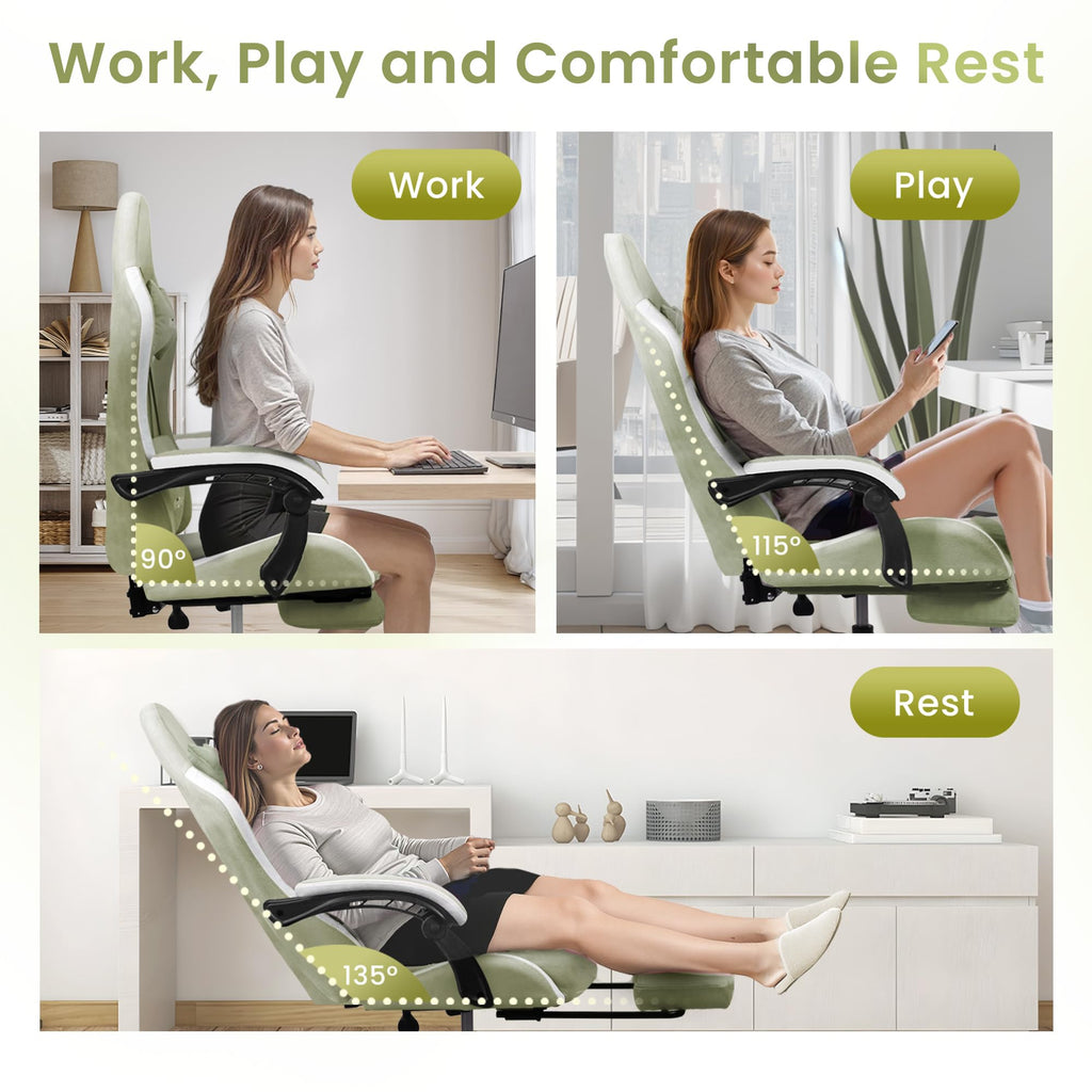 Video Gaming Chair with Footrest Lumbar Support for Home Office High Back Recliner Height Adjustable Ergonomic Comfy Fabric Computer Desk Chair (Green)