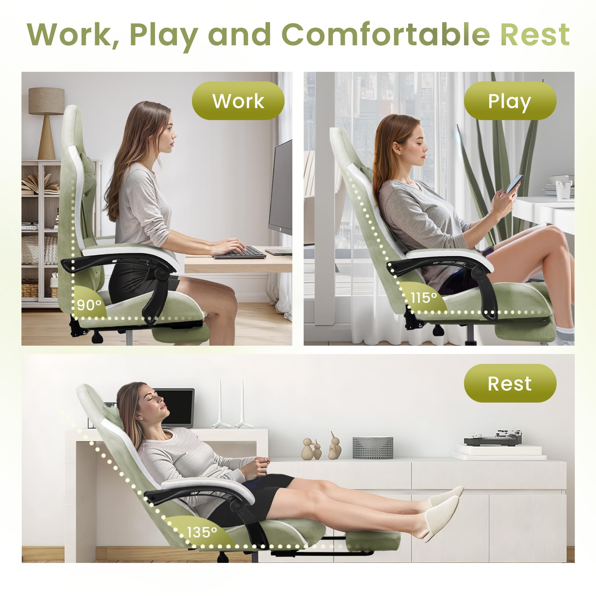 Video Gaming Chair with Footrest Lumbar Support for Home Office High Back Recliner Height Adjustable Ergonomic Comfy Fabric Computer Desk Chair (Green)