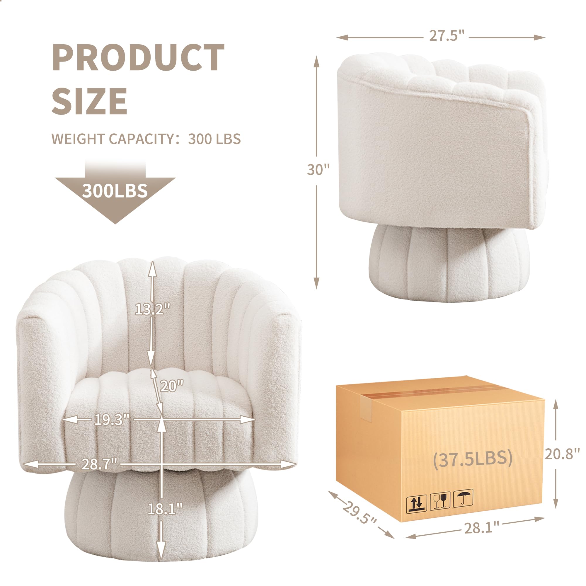 Swivel Accent Barrel Chair - Cute Comfy Small Round 360° Arm Chair Velvet Sofa Club Reading Chair for Living Room Bedroom Office White