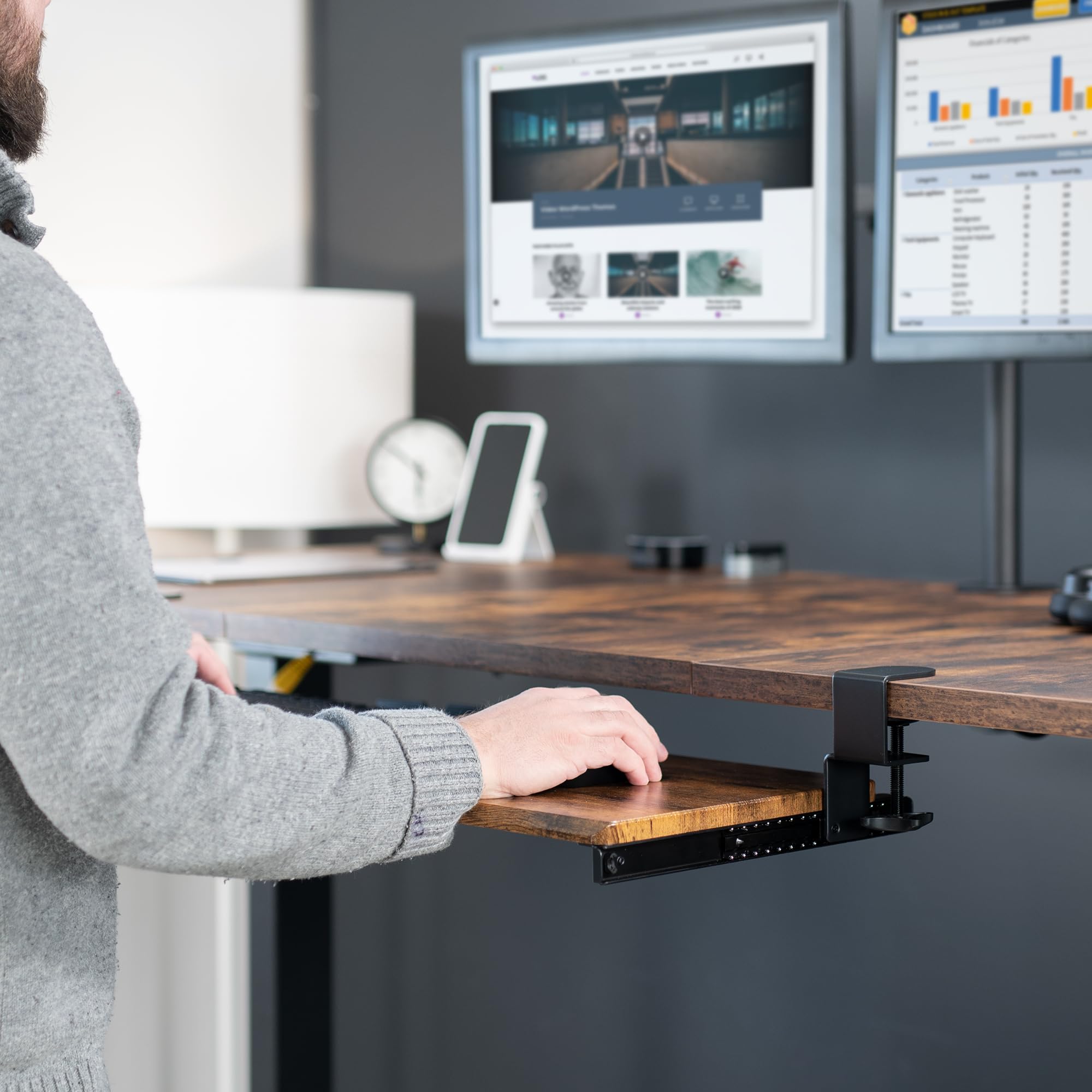 Extra Long Clamp-on Computer Keyboard and Mouse Under Desk Slider Tray, 34 x 11 inch Pull Out Platform Drawer, Rustic Vintage Brown, MOUNT-KB15EN