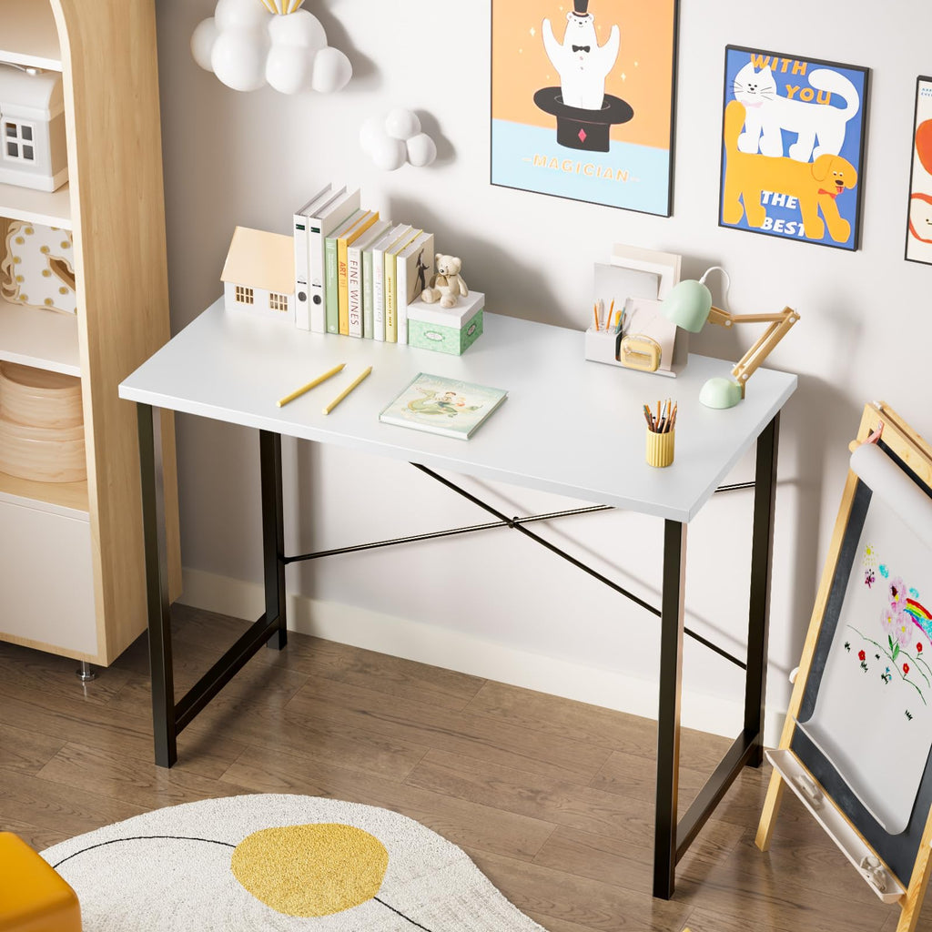 Computer Small Office Desk 32 Inch Student Study Writing Work with Metal Frame Wood Tabletop Modern Simple PC Home Bedroom Table, Modern White