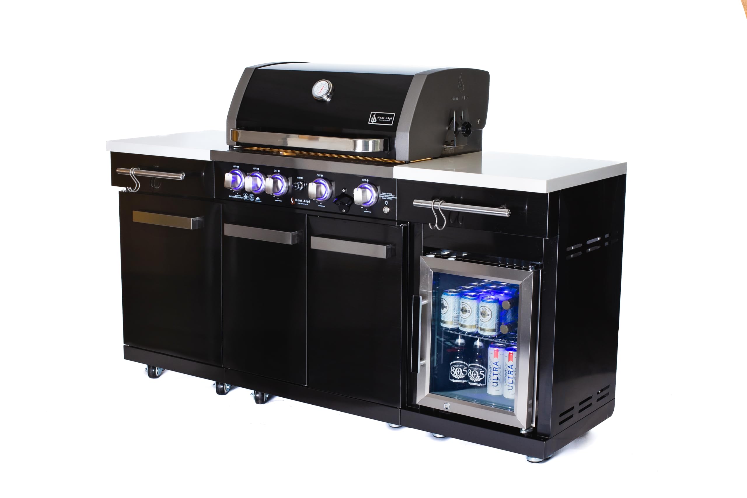 Premium 70"W x 24"D Black Stainless Steel Compact Outdoor Kitchen Island with Refrigerator + 32"W 4-Burner BBQ Grill with Infrared Rotisserie Burner + Storage Cabinets + Granite Countertops