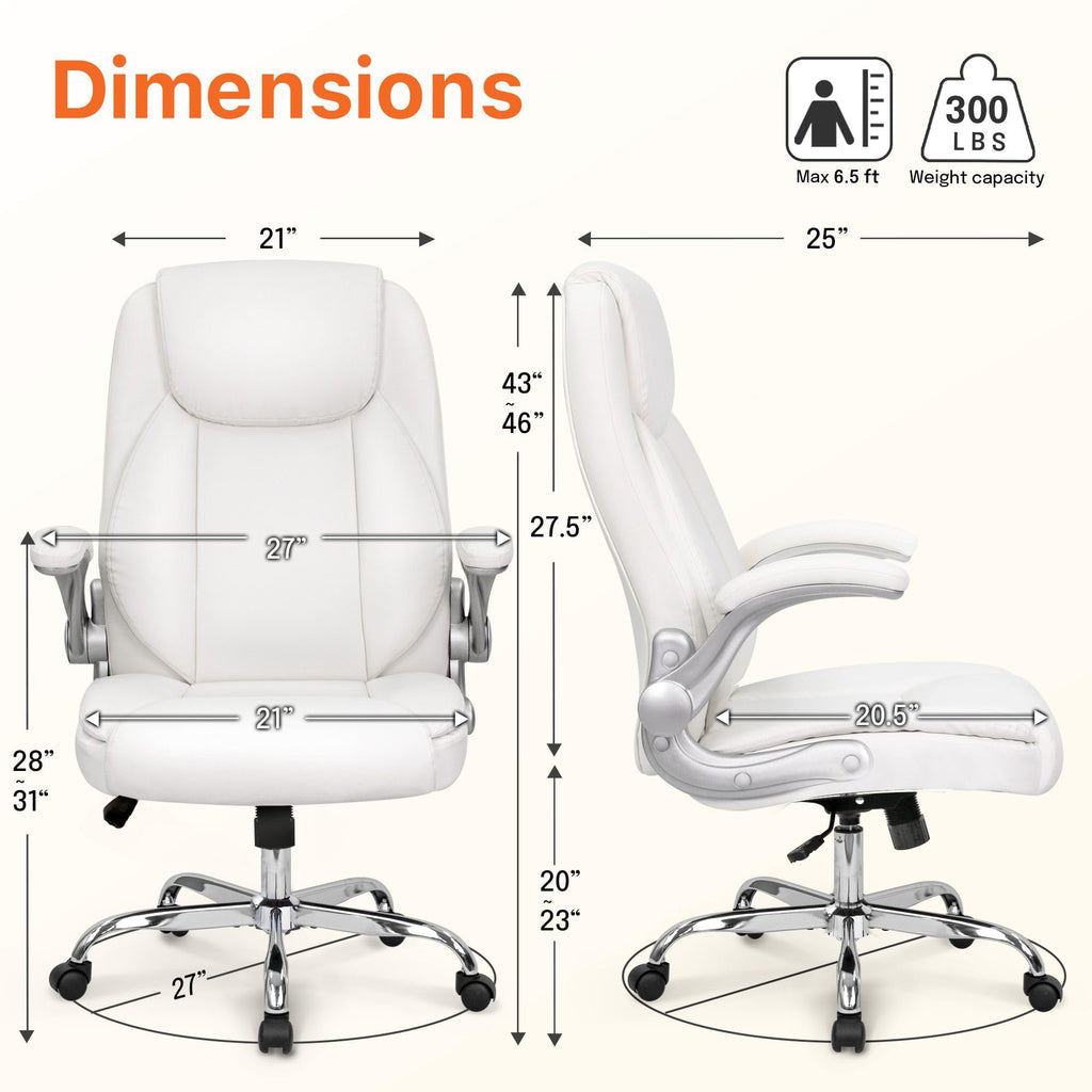 Office Desk Gaming Computer Home Chair Ergonomic Executive High Back Support Flip-up Arms Adjustable Height Swivel Rolling Wheels Comfy PU Leather (White)