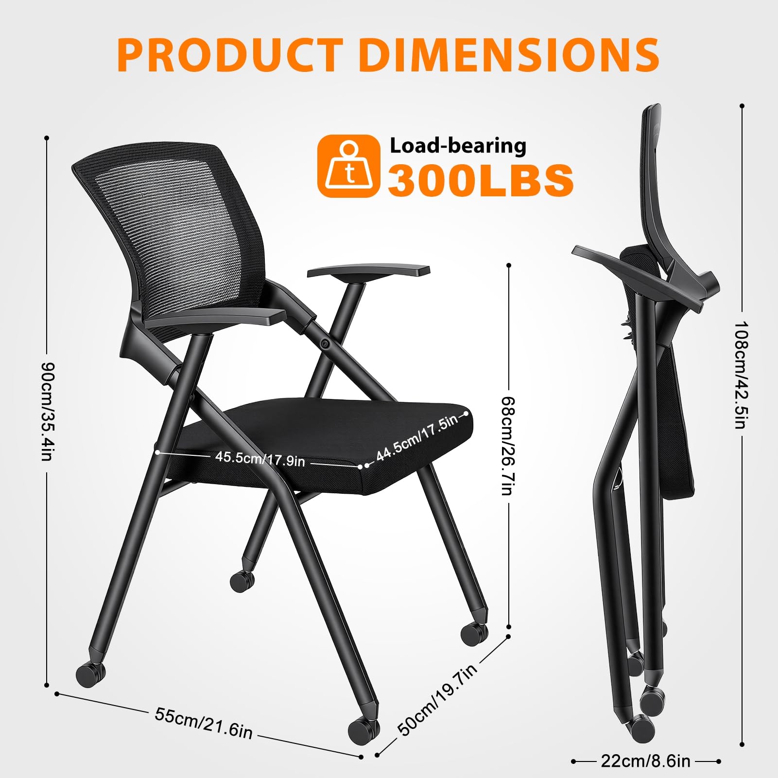 Ergonomic Foldable Office Chair with Breathable Mesh Back, Stackable Conference Chair - PU Wheels & Armrest for Guest, Meeting, Reception (Black)