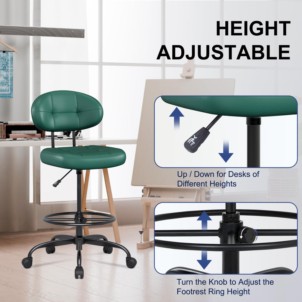 Drafting Chair, Armless Tall Office Chair with Footrest Ring for Standing Desk, Small Faux Leather Executive Computer Chair with Adjustable Height for Bar Lab Counter Height Desk, Green