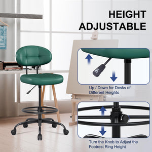Drafting Chair, Armless Tall Office Chair with Footrest Ring for Standing Desk, Small Faux Leather Executive Computer Chair with Adjustable Height for Bar Lab Counter Height Desk, Green