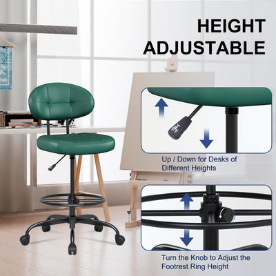 Drafting Chair, Armless Tall Office Chair with Footrest Ring for Standing Desk, Small Faux Leather Executive Computer Chair with Adjustable Height for Bar Lab Counter Height Desk, Green