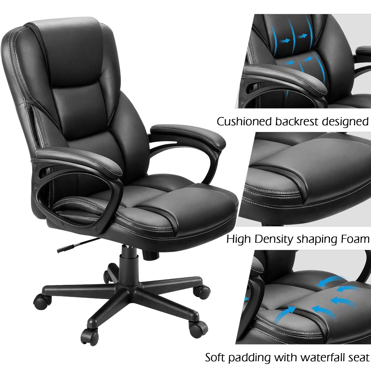 Office Executive Chair High Back Adjustable Managerial Home Desk Chair, Swivel Computer PU Leather Chair with Lumbar Support (1, Black)