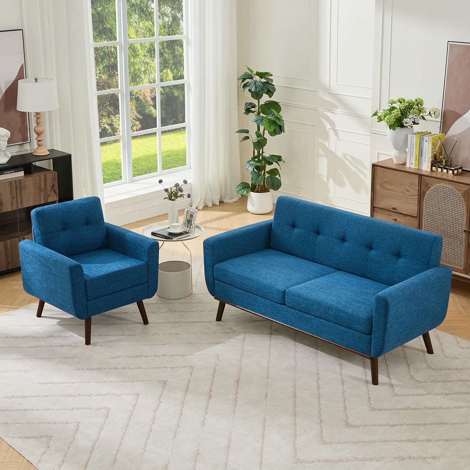 Living Room Furniture Sets, Loveseat & Accent Chair, Mid Century Modern Decor Sofa Couches, Button Tufted Upholstered Furniture, Blue