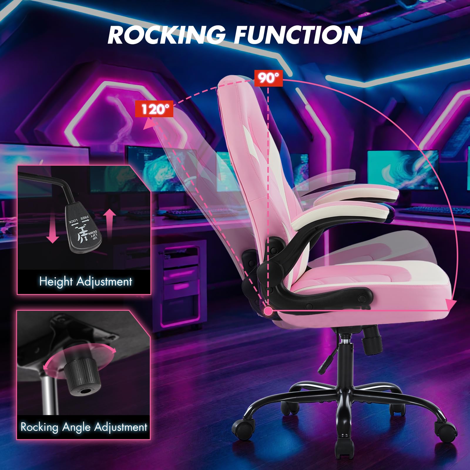 Computer Video Game Desk Chair - Ergonomic Comfy Lumbar Support, PU Leather with Flip-up Armrest, Height Adjustable and 360° Swivel, for Adults, Pink