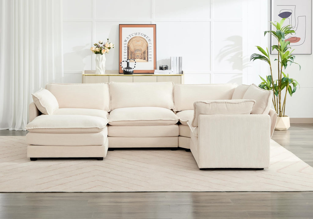 113'' Modular Sectional Cloud Couch, 5 Seater Corner Sofa Big Comfy Corduroy Oversized L Shaped Couch with 2 Pillows, Chaise, Ottoman, Deep Seat Sectional Couches for Living Room Office, Beige