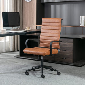 Leather Office Desk Chair, Mid-Century Modern Leather Conference Room Chairs, Ergonomic Executive Ribbed Height Adjustable Swivel Rolling Chair for Home Office.