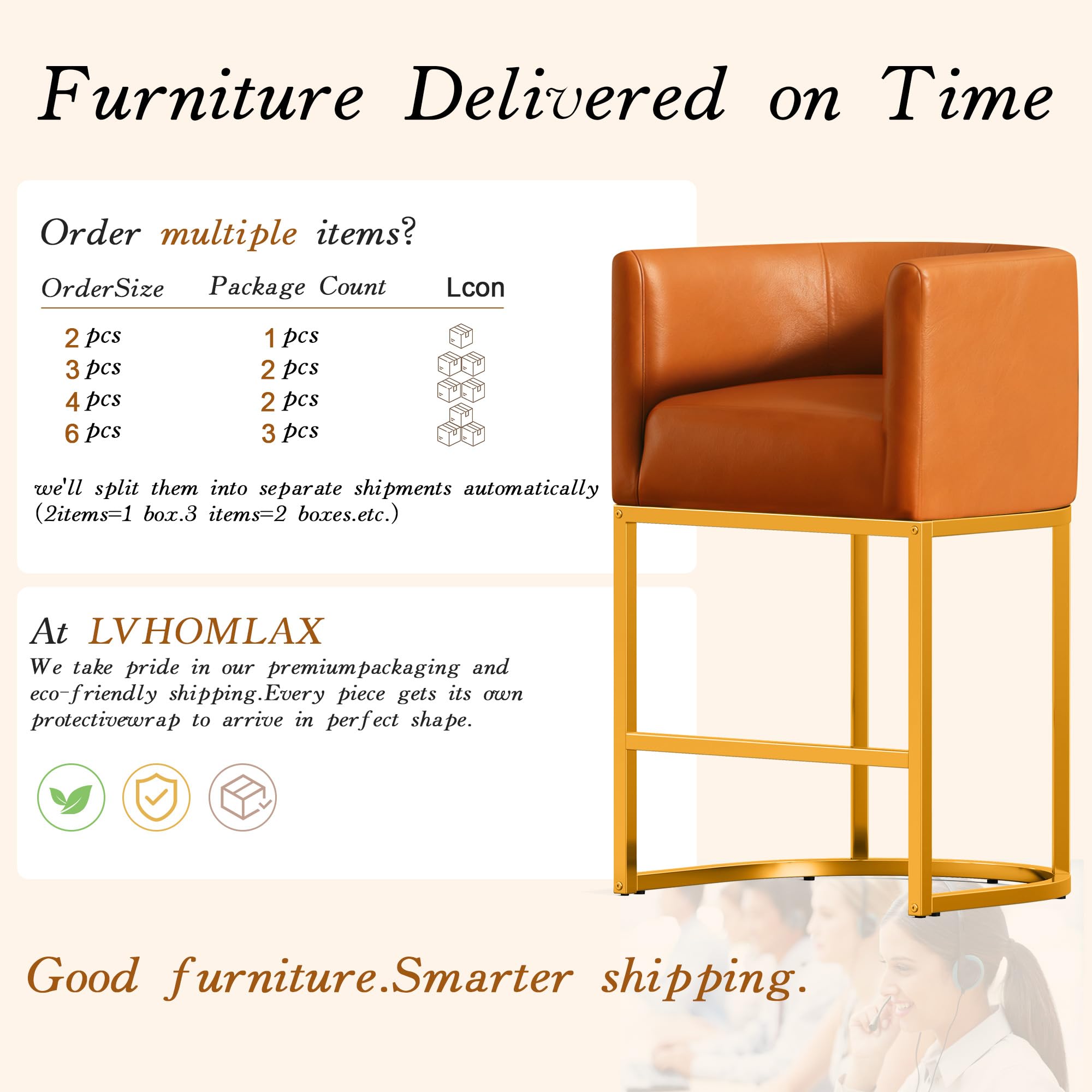 Modern Counter Height Bar Stools,Bar Stools Set of 2,PU Leather Upholstered Barrel Barstools with Backs,26'' Kitchen Island Chairs,Metal Gold Frames,Camel Brown Leather