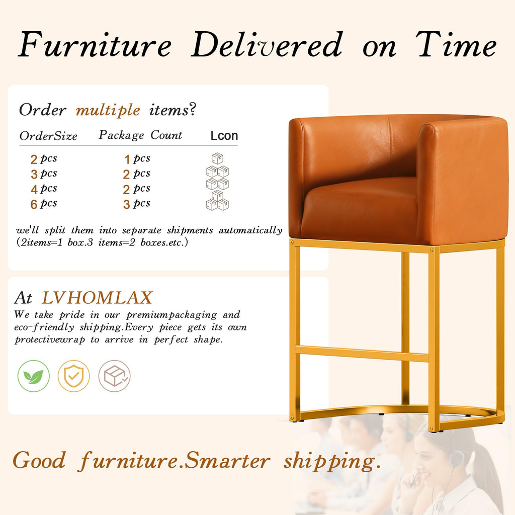 Modern Counter Height Bar Stools,Bar Stools Set of 2,PU Leather Upholstered Barrel Barstools with Backs,26'' Kitchen Island Chairs,Metal Gold Frames,Camel Brown Leather