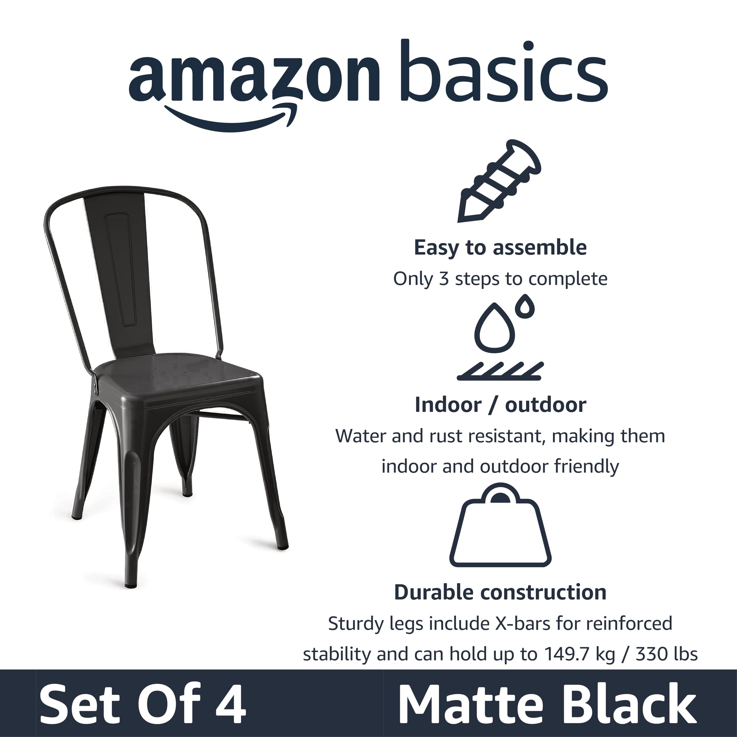 Metal Dining Chairs, Easy to Assemble, Indoor/Outdoor, Stackable, Matte Black, 4-Pack