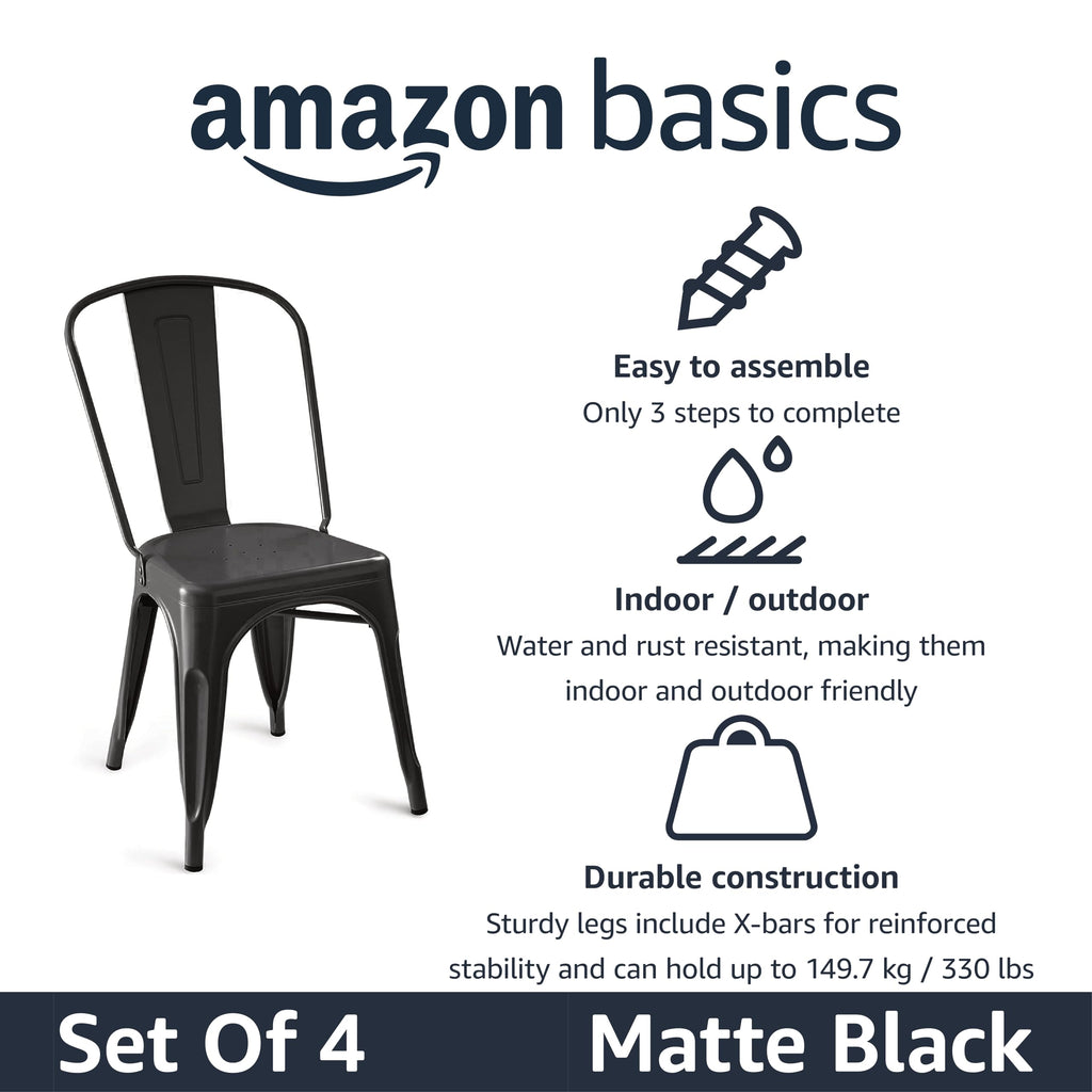 Metal Dining Chairs, Easy to Assemble, Indoor/Outdoor, Stackable, Matte Black, 4-Pack
