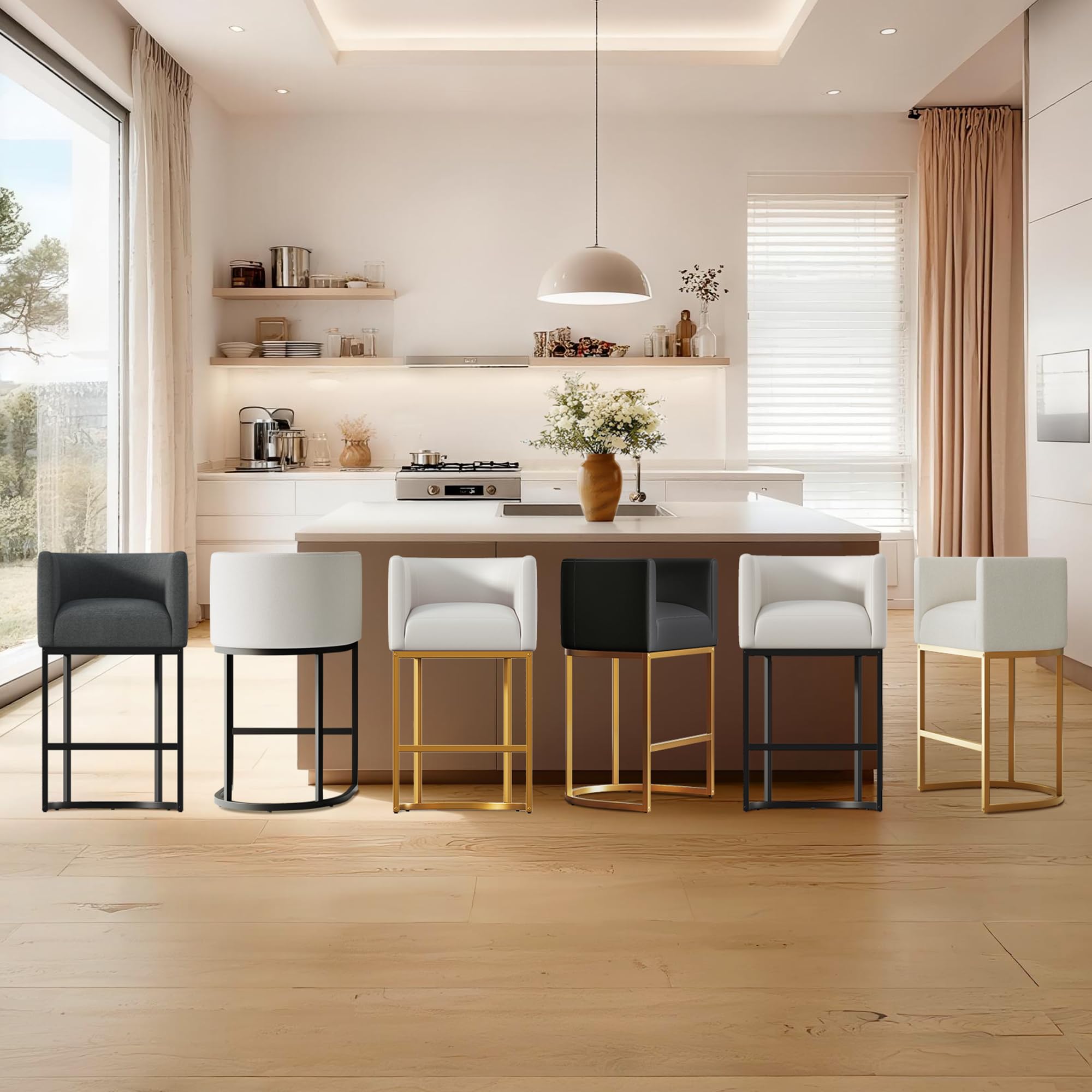 Modern Counter Height Bar Stools,Bar Stools Set of 3,PU Leather Upholstered Barrel Barstools with Backs,26'' Kitchen Island Chairs,Metal Black Frames,Beige White Leather