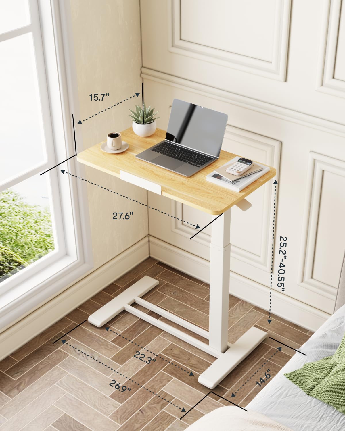 H7 PRO Mobile Standing Desk Adjustable Overbed Table Pneumatic with Wheels 55°Tiltable Portable Laptop Desk Rolling Computer Cart Foldable Bedside Table(27.6" W x 15.7" D, Maple)