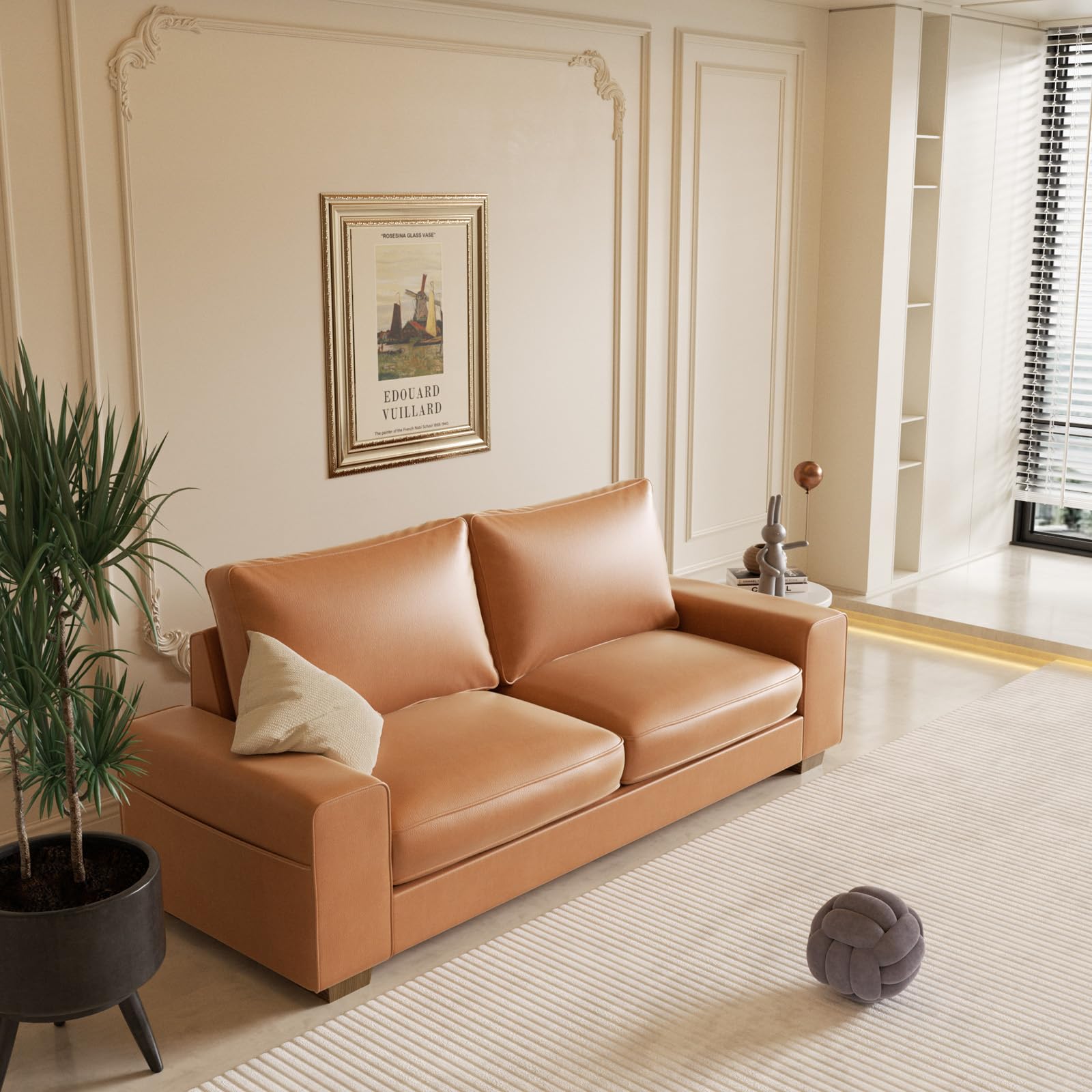 Faux Leather Couch, Mid Century Modern Comfy Loveseat Sofa with Wide Arm, Side Pockets, Solid Wooden Frame for Office, Living Room and Bedroom, 3 Seater (Brown, 88.58 inches)